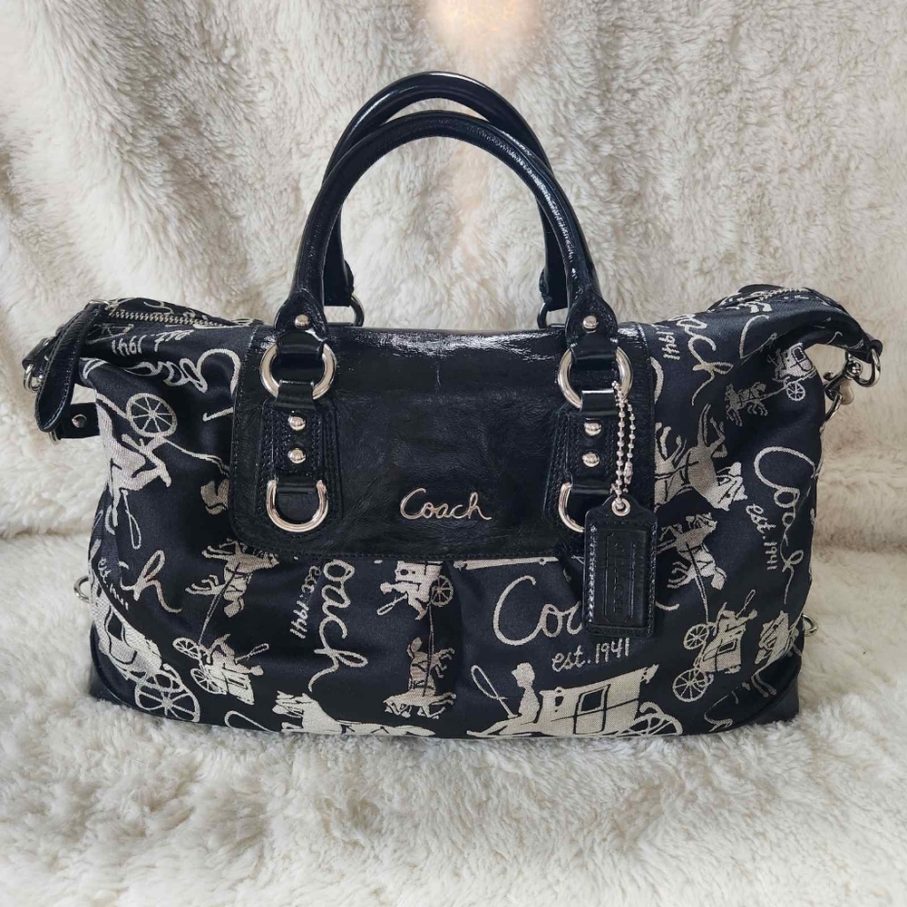 2010 Coach Ashley Horse & Carriage Satchel Black Sateen & Patent Leather - Picture 2 of 13